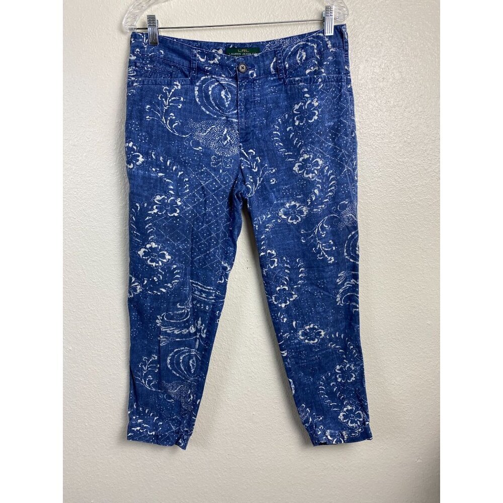 Lauren Ralph Lauren Chambray Floral Blue Pants Women 8 Mid Rise Artsy Vacation